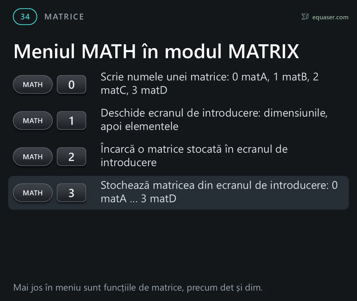Meniul MATH în modul MATRIX